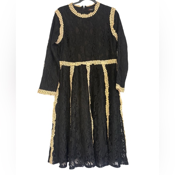 Black Champagne Lace Dress XL Midi Witch Prarie Renaissance dark academia lined - Picture 1 of 4